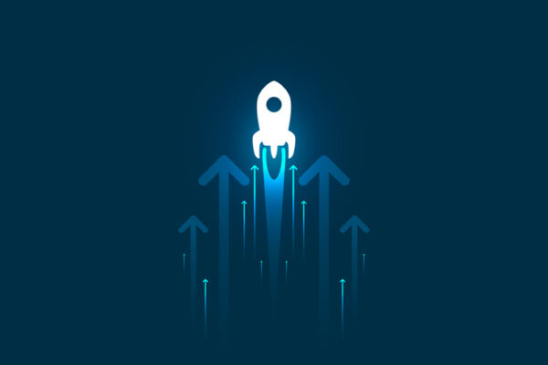 Up rocket and arrows on blue background illustration, copy space composition, business growth concept.